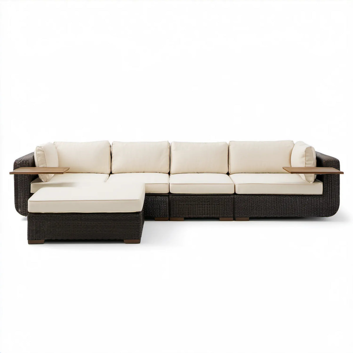 Narożna sofa ogrodowa z leżanką z technorattanu PE, ciemnobrązowa/kremowa/brązowa, 300 x 160 x 85 cm