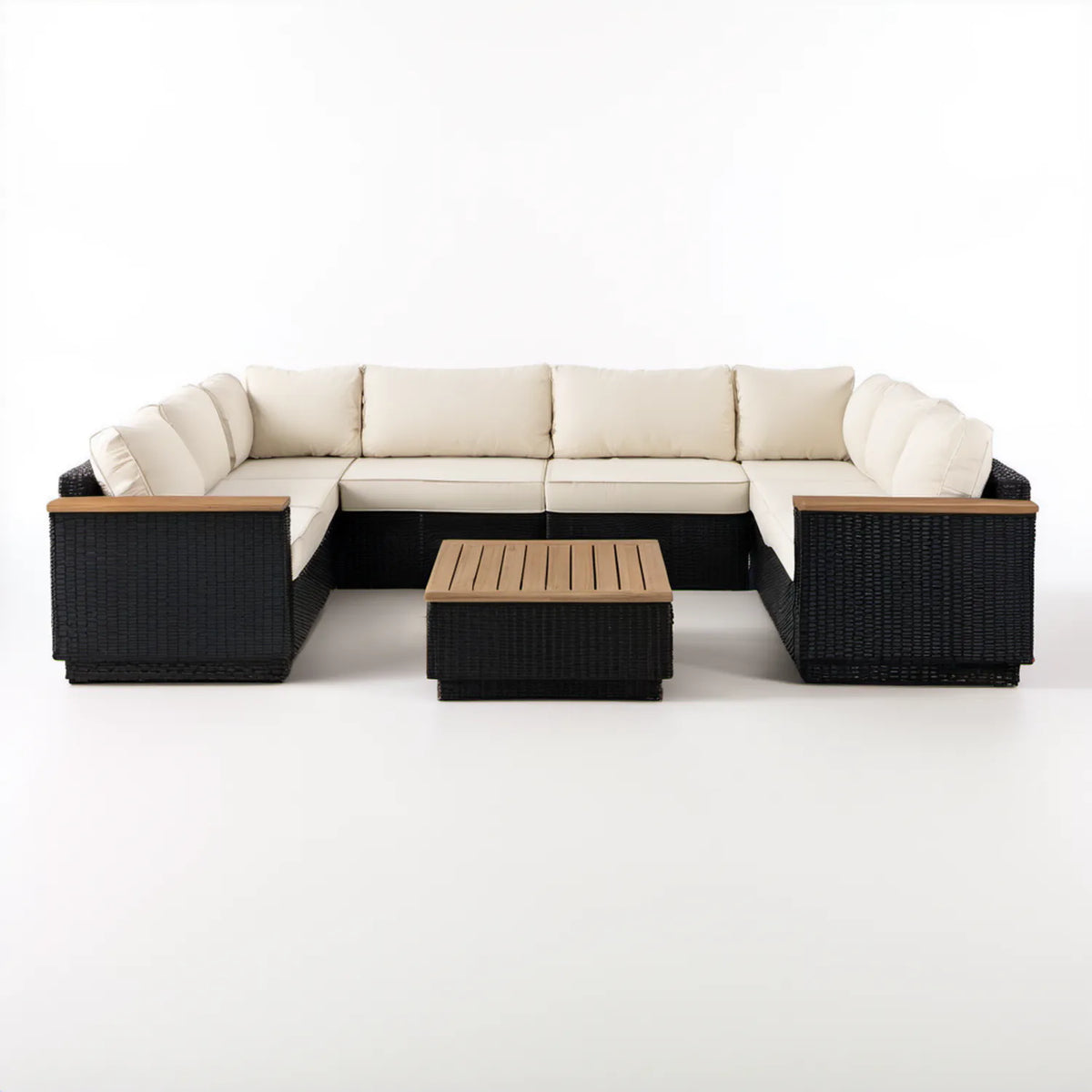 Modułowy zestaw wypoczynkowy w kształcie U z technorattanu, czarny/kremowy/brązowy, 300 × 230 × 70 cm ze stolikiem