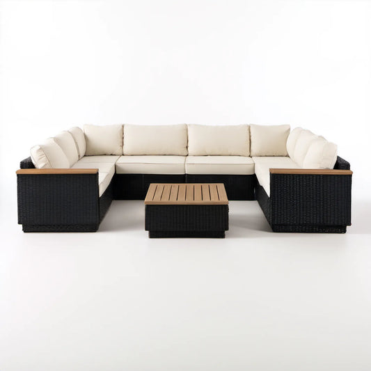 Modułowy zestaw wypoczynkowy w kształcie U z technorattanu, czarny/kremowy/brązowy, 300 × 230 × 70 cm ze stolikiem