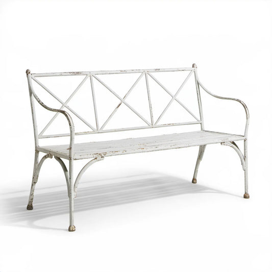 Biała stalowa ławka ogrodowa vintage 2-osobowa 112 x 53 x 92 cm