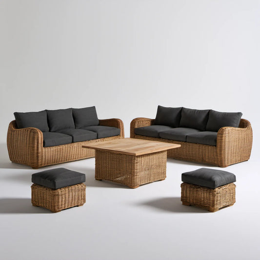 Komplet z naturalnego rattanu: 2 sofy 3-osobowe, stolik 120 × 70 × 45 cm i 2 pufy, naturalny brąz/czarny