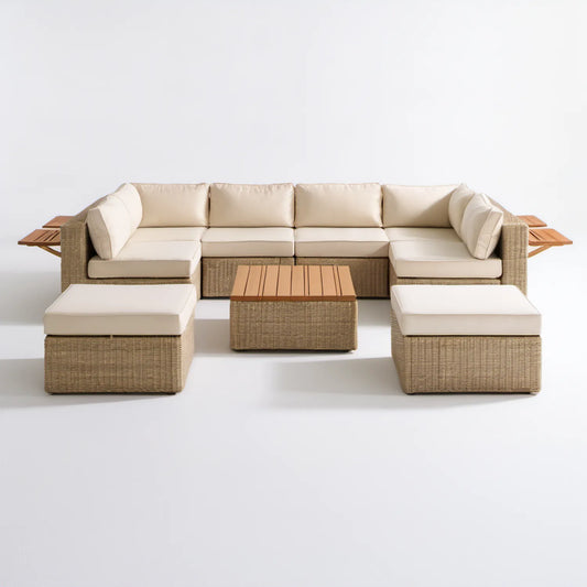 Modułowy zestaw wypoczynkowy z technorattanu, 300 × 85 × 65 cm, Beżowy/Jasnobrązowy