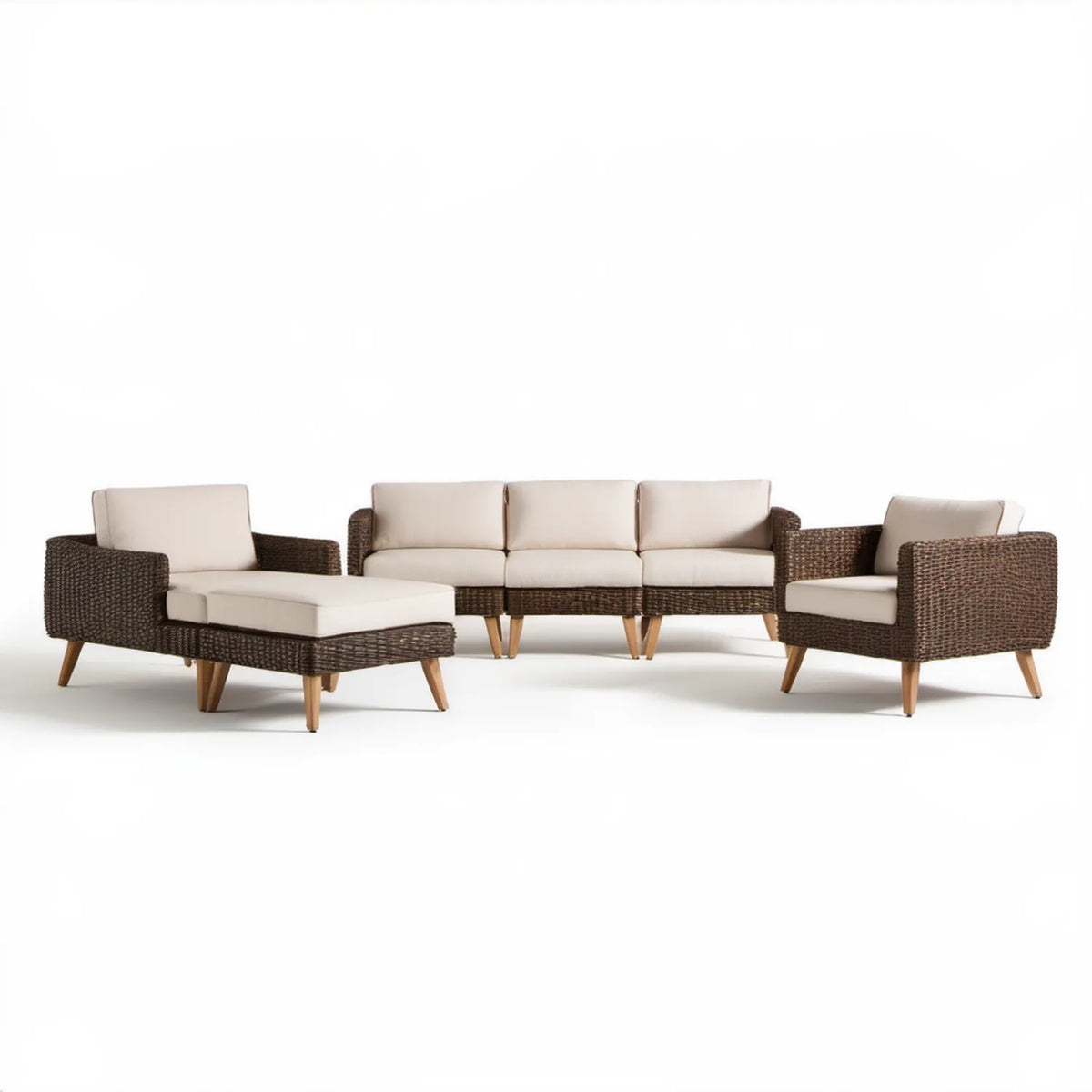 Brązowo-beżowy zestaw ogrodowy z technorattanu: sofa 3-osobowa 210 x 80 x 78 cm, 2 fotele i podnóżek