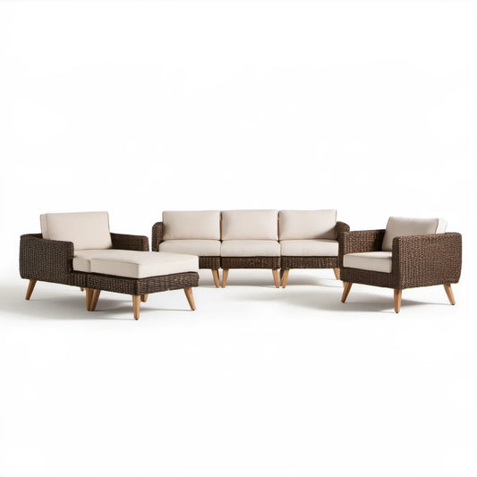 Brązowo-beżowy zestaw ogrodowy z technorattanu: sofa 3-osobowa 210 x 80 x 78 cm, 2 fotele i podnóżek