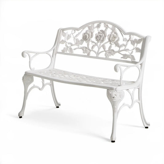 Biała dwuosobowa ławka ogrodowa z odlewu aluminiowego 100 x 54 x 85 cm