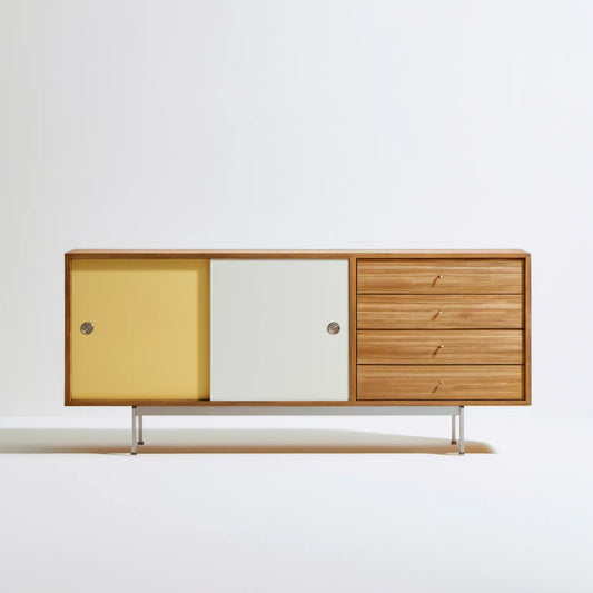Prostokątna komoda z fornirowanej płyty MDF, żółta, jasnoszara i brązowa, 180 x 45 x 85 cm
